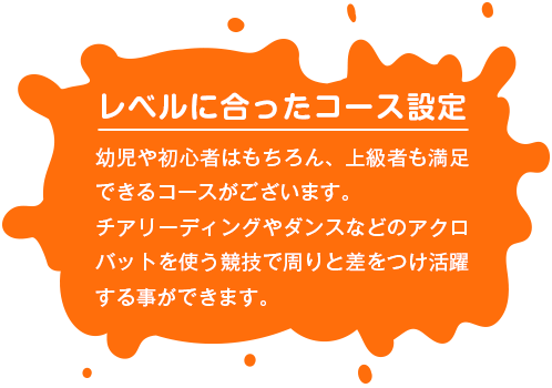 【レベルに合ったコース設定】 幼児や初心者はもちろん、上級者も満足できるコースがございます。チアリーディングやダンスなどのアクロバットを使う競技で周りと差をつけ活躍する事ができます。