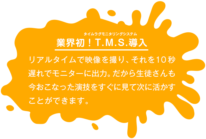 【業界初！T.M.S.（タイムラグモニタリングシステム）導入】 リアルタイムで映像を撮り、それを10秒遅れでモニターに出力。だから生徒さんも今おこなった演技をすぐに見て次に活かすことができます。